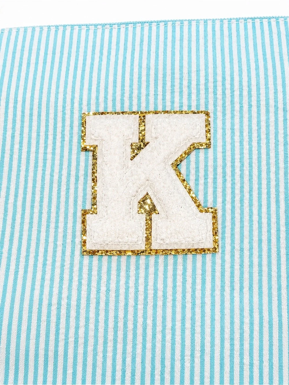 YOOLIFE Seersucker Initial “K” Cosmetic / Makeup Bag – Aqua Stripe NWT